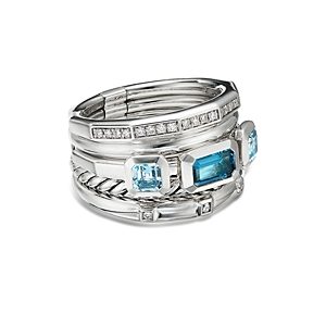 David Yurman Sterling Silver Stax Wide Ring with Hampton Blue Topaz & Diamonds- 3355615
