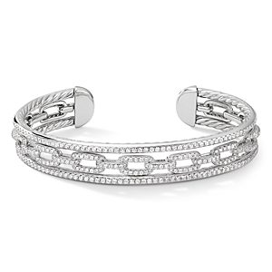 David Yurman 18K White Gold Stax Three-Row Chain Link Bracelet with Diamonds- 3355935