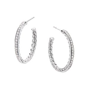 David Yurman Sterling Silver Small Hoop Earrings with Pave Diamonds- 3442661