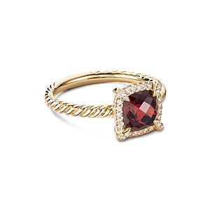 David Yurman Petite Chatelaine Pave Bezel Ring in 18K Yellow Gold with Garnet- 3559069