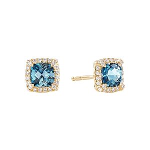 David Yurman Petite Chatelaine Pave Bezel Stud Earrings in 18K Yellow Gold with Hampton Blue Topaz and Diamonds- 3559037