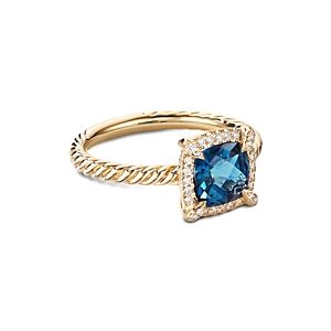 David Yurman Petite Chatelaine Pave Bezel Ring in 18K Yellow Gold with Hampton Blue Topaz- 3559072