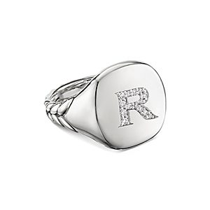 David Yurman Sterling Silver Initial Pinky Ring with Pave Diamonds- 3558988