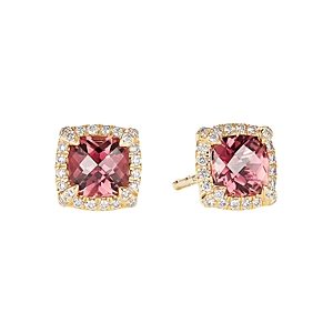 David Yurman Petite Chatelaine Pave Bezel Stud Earrings in 18K Yellow Gold with Pink Tourmaline- 3559039