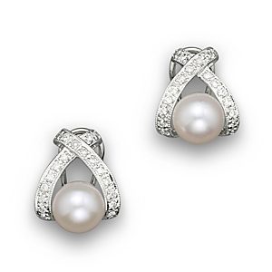 Cultured Pearl X Earrings with Diamonds, 7mm- 450610