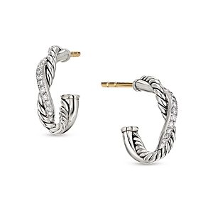 David Yurman Sterling Silver Petite Infinity Huggie Hoop Earring with Diamonds- 3856149