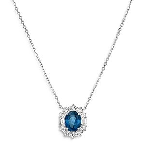 Bloomingdale's Blue Sapphire & Diamond Classic Halo Pendant Necklace in 14K White Gold, 16 - 100% Exclusive- 4022949