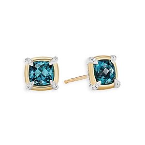 David Yurman Sterling Silver Petite Chatelaine Hampton Blue Topaz & Diamond Pave Stud Earrings with 18K Yellow Gold- 4002354
