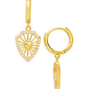 Argento Vivo G Heart Pave Shield Charm Hoop Earrings in 14K Gold Plated Sterling Silver- 4122359
