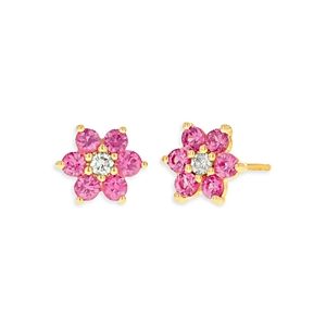 Rachel Reid 14K Yellow Gold Pink Sapphire & Diamond Flower Stud Earrings- 4160761