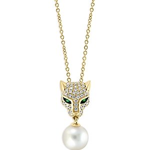 Bloomingdale's Cultured Freshwater Pearl, Diamond, & Emerald Panther Head Pendant Necklace in 14K Yellow Gold, 16-18- 100% Exclusive- 4163240