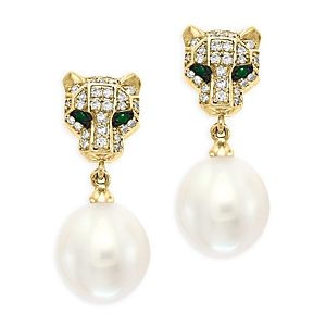 Bloomingdale's Cultured Freshwater Pearl, Diamond, & Emerald Panther Drop Earrings in 14K Yellow Gold - 100% Exclusive- 4163230