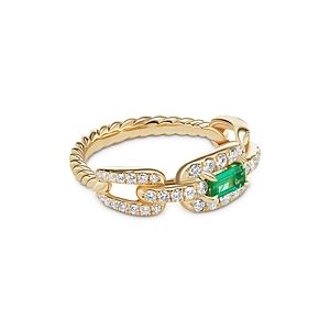 David Yurman Stax Chain Link Ring in 18K Yellow Gold with Pave Diamonds and Emerald- 4002751