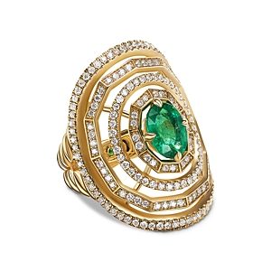 David Yurman Stax Statement Ring in 18K Yellow Gold with Full Pave Diamonds and Emerald- 4002745