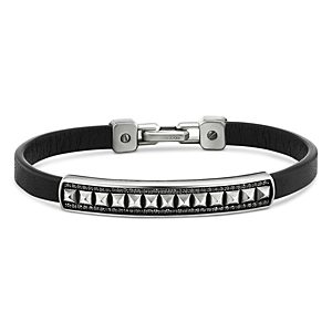 David Yurman Men's Sterling Silver Black Diamond Pave Pyramid Leather Bracelet- 4001858
