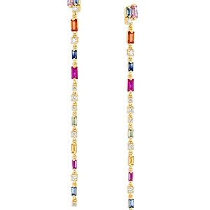 Suzanne Kalan 18K Yellow Gold Fireworks Rainbow Sapphire & Diamond Linear Drop Earrings- 4082606