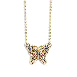 Suzanne Kalan 18K Yellow Gold Rainbow Sapphire & Diamond Butterfly Pendant Necklace, 16-18- 4082620