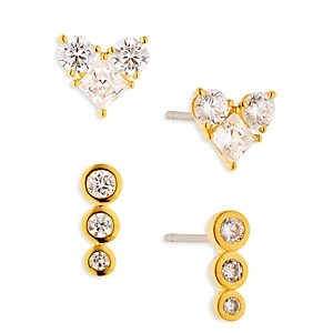 Nadri Golden Cubic Zirconia Heart & Triple Stone Stud Earrings, Set of 2- 4178770