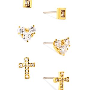 Nadri Golden Cubic Zirconia Rectangle, Heart & Cross Stud Earrings, Set of 3- 4178756