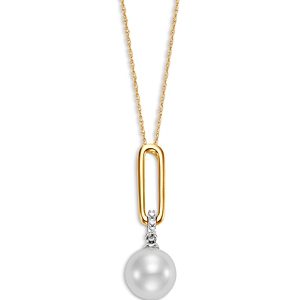 Bloomingdale's Link Collection Cultured Freshwater Pearl & Diamond Link Pendant Necklace in 14K White & Yellow Gold, 16-18 - 100% Exclusive- 4187730
