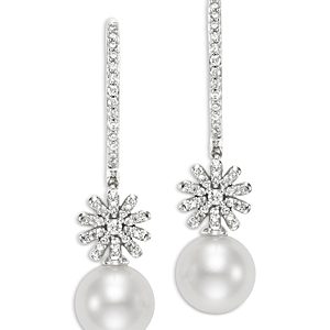 Bloomingdale's Fiore Cultured Freshwater Pearl & Diamond Flower Dangle Hoop Earrings in 14K White Gold - 100% Exclusive- 4206193