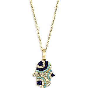 Bloomingdale's Blue Sapphire, Turquoise & Diamond Hamsa Hand Pendant Necklace in 14K Yellow Gold, 16-18 - 100% Exclusive- 4216053