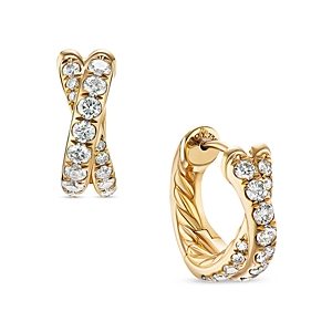 David Yurman 18K Yellow Gold Diamond Pave Crossover Huggie Hoop Earrings- 4200458