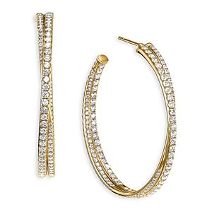 David Yurman 18K Yellow Gold Diamond Crossover Hoop Earrings- 4200459