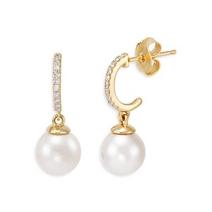 Bloomingdale's Cultured Freshwater Pearl & Diamond J Hoop Earrings in 14K Yellow Gold - 100% Exclusive- 4302479