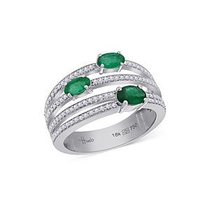 Hueb 18K White Gold Spectrum Emerald & Diamond Multirow Statement Ring- 4294754