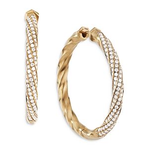 David Yurman 18K Yellow Gold Cable Edge Hoop Earrings with Diamonds- 4199625