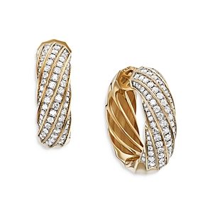 David Yurman 18K Yellow Gold Cable Edge Hoop Earrings with Diamonds- 4199630