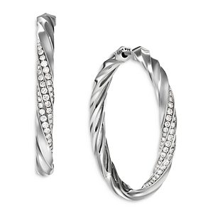David Yurman Sterling Silver Cable Edge Hoop Earrings with Diamonds- 4199960