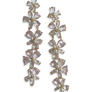 Nicola Bathie Mayfair Pink Crystal & Imitation Pearl Flower Statement Earrings in 14K Gold Plated- 4356365