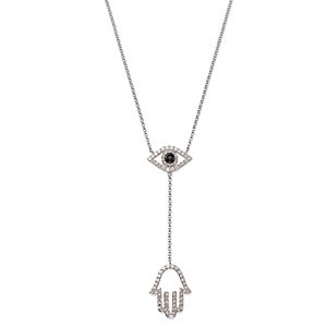 Sapphire and Diamond Evil Eye Hamsa Y Necklace in 14K White Gold, 16- 1462461