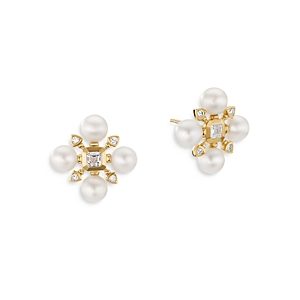 David Yurman 18K Yellow Gold Renaissance Diamond and Cultured Pearl Stud Earrings- 4201335