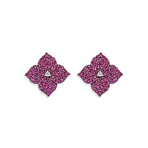 Piranesi 18K Rose Gold Deep Pink Sapphire & Diamond Flower Earrings- 4482084