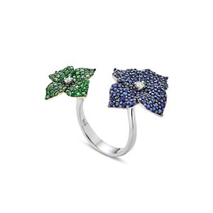 Piranesi 18K White Gold Double Flower Diamond, Sapphire & Tsavorite Ring- 4482108