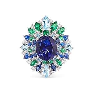 Anabela Chan 18K White Gold Plated Sterling Silver Tutti Frutti Simulated Blue Sapphire, Emerald & Diamond Mirage Ring- 4508331
