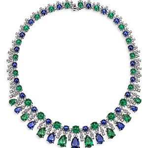 Anabela Chan 18K White Gold Plated Sterling Silver Tutti Frutti Simulated Emerald, Blue Sapphire & Diamond Necklace, 15.8- 4508304