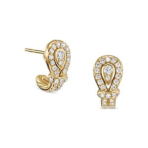 David Yurman Thoroughbred Loop Huggie Hoop Earrings in 18K Yellow Gold with Pave Diamonds- 4360719