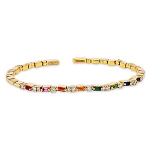 Suzanne Kalan 18K Yellow Gold Fireworks Rainbow Sapphire Baguette & Diamond Bangle Bracelet- 4538324