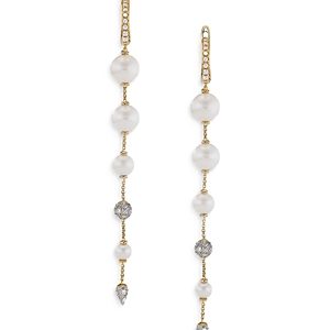 David Yurman 18K Yellow Gold Cultured Freshwater Pearl & Diamond Pave Linear Drop Earrings- 4360724