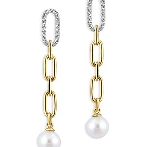 Bloomingdale's Cultured Freshwater Pearl & Diamond Pave Chain Link Drop Earrings in 14K Yellow Gold - 100% Exclusive- 4613003