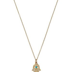 Moon & Meadow 14K Yellow Gold Turquoise & White Topaz Hamsa Hand Pendant Necklace, 16-18- 4707464