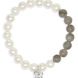 Completedworks Cubic Zirconia Heart Charm Gemstone & Cultured Freshwater Pearl Beaded Stretch Bracelet in Rhodium Plated Sterling Silver, 15.5-18.05- 4762563