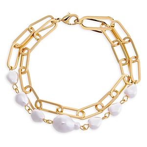 By Adina Eden Imitation Pearl & Paperclip Chain Double Row Bracelet in 18K Gold Plated- 4801289