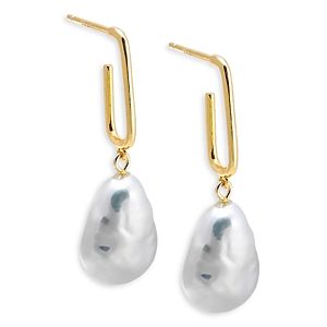 By Adina Eden Imitation Pearl Charm Oval Hoop Earrings in 14K Gold Plated Sterling Silver- 4801305