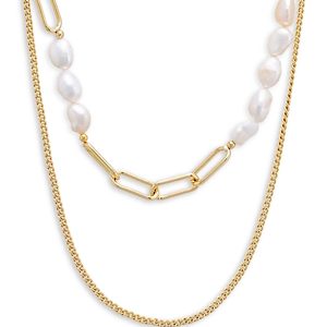 By Adina Eden Imitation Pearl Mixed Chain Layered Necklace in 18K Gold Plated, 15- 4801312
