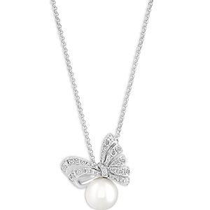 Bloomingdale's Diamond (0.33 ct. t.w.) & Cultured Freshwater Pearl (7.5 mm) Bow Necklace in 14K White Gold, 18- 4814343